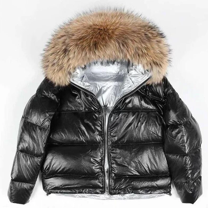 Женская зимняя куртка с воротником из натурального Лисьего меха, женский свободный короткий пуховик, белый пуховик на утином пуху, Толстая теплая куртка-пуховик - Цвет: black 2