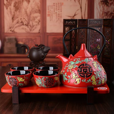 

Chinese traditional red ceramic tea set suit creative wedding supplies tea cup pot tray newlywed gift teaware teapot teacup