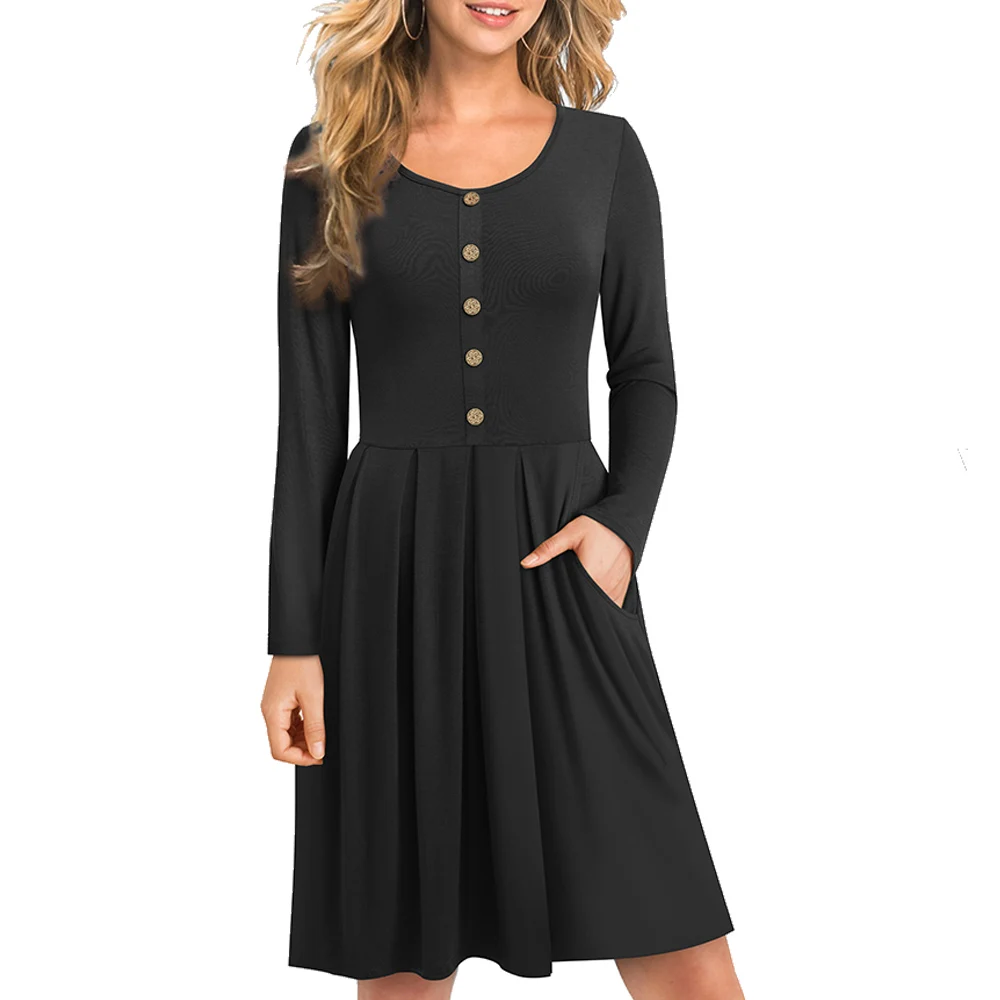 

Autumn Wooden button Casual Soft Elegant A Line dress Brief with pocket Swing dress EA168