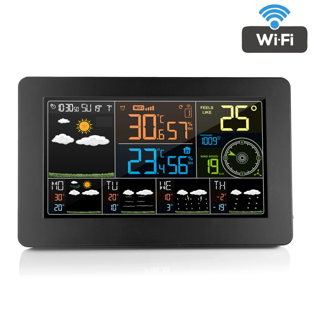 FanJu, цифровой ЖК-будильник, метеостанция, wifi, для помещений и улицы, температура, влажность, давление, ветер, погода, FJW4