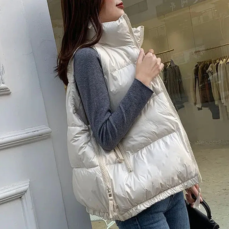 Winter Woman Down Cotton Short Vest Coat Yellow Stand Colloar Sleeveless Jacket Large size Waistcoat Korean Style Gilet Femme petite long puffer coat