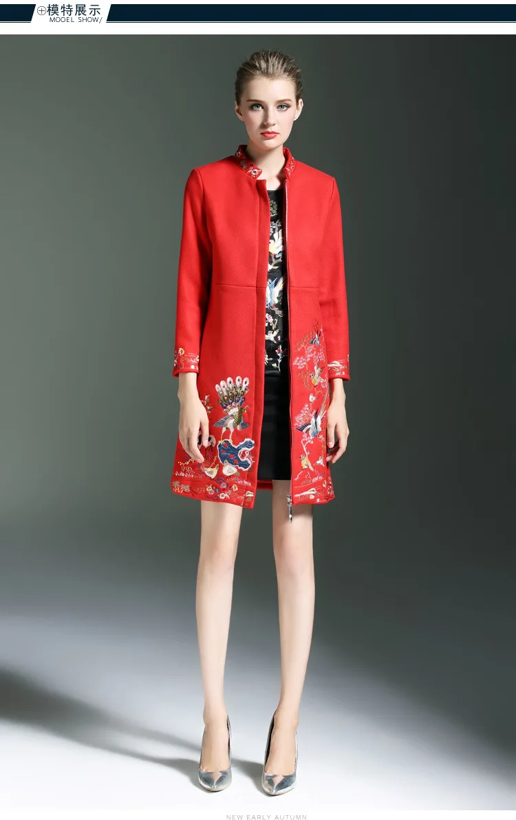 Plus size Autumn winter national trend women's outerwear embroidery long design stand collar women trench woolen overcoat