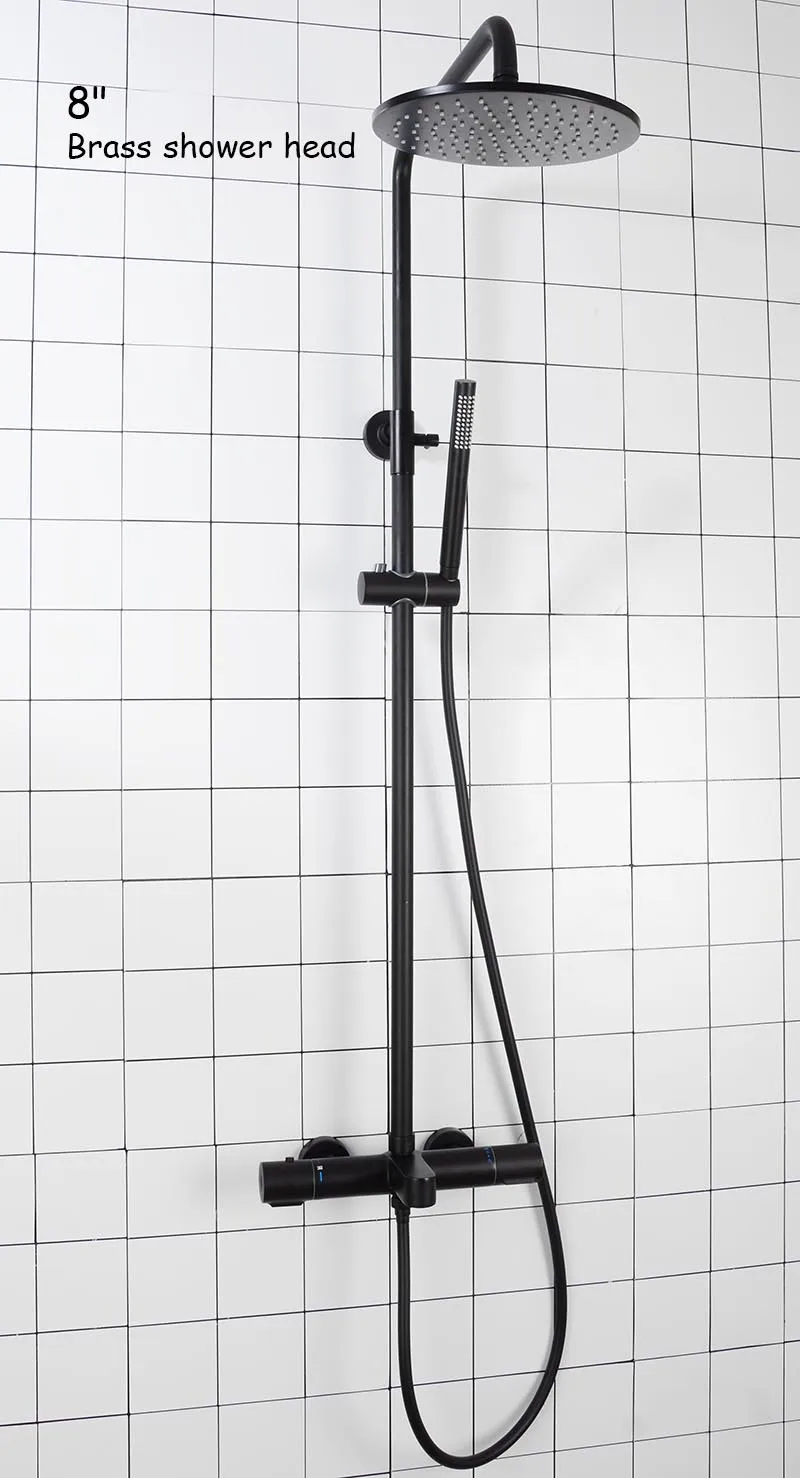 8 inch shower head Матовый черный Термостатический смеситель для ванной, настенный смеситель для душа, набор, вертикальный душ в ванную, латунная душевая головка " /10"/12" - Цвет: 8 inch shower head