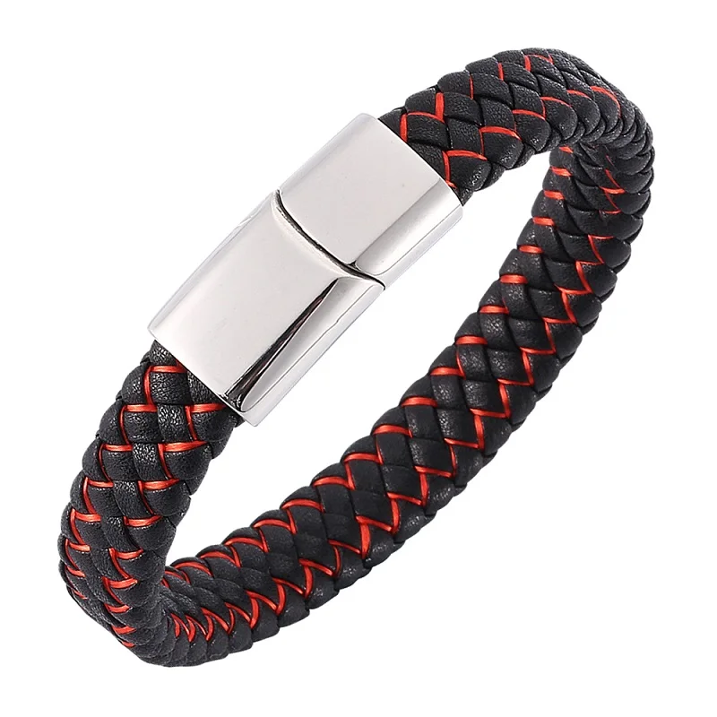 C Silver Clasp Модный плетеный мужской кожаный браслет черного и синего цвета из нержавеющей стали с магнитной застежкой, очаровательные браслеты, мужские браслеты на запястье, подарки 002 - Окраска металла: C Silver Clasp