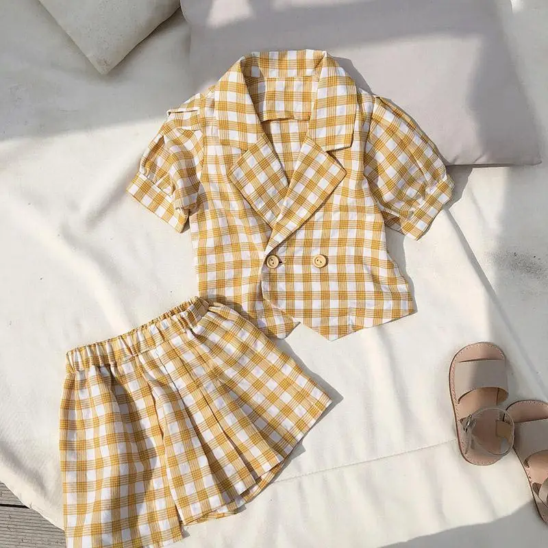 Toddlers Kids Summer Clothing Sets Plaid Coat Skirt Shorts 2pcs Korean Style Baby Girls Suits Chic Children Outfits | Детская одежда и