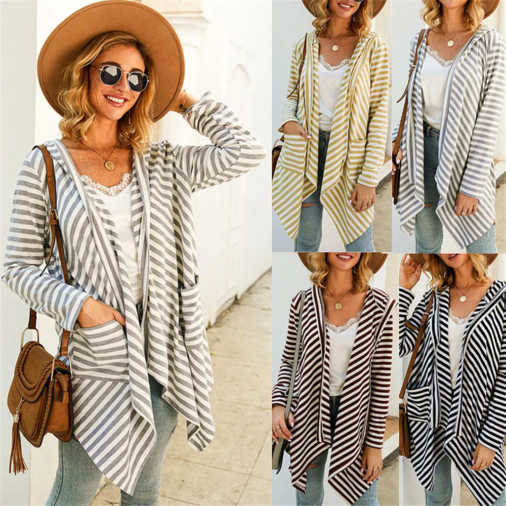 

Women'S Striped Knitted Coats Jacket Spring Autumn Striped Long Sleeve Top Female Irregular Pocket Mid-Long Coats Cardiance