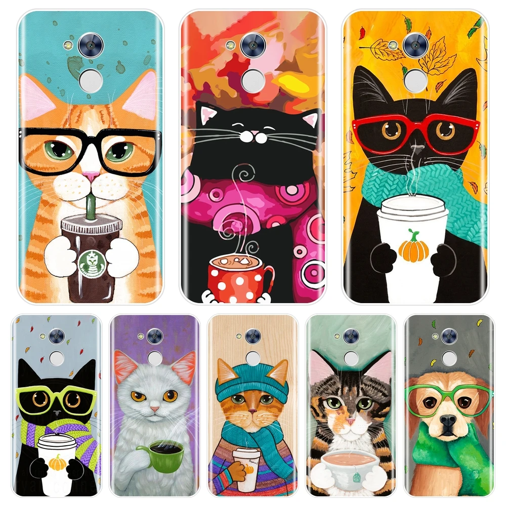 Black Kawaii Cat Cute Dog Phone Case Silicone For Huawei Honor 4X 5A 5X 6 6X Soft Back Cover 4C 5C 6C 6A Pro | Мобильные телефоны и