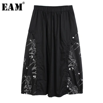 

[EAM] High Elastic Waist Black Pattern Printed Split Temperament Half-body Skirt Women Fashion Tide New Spring Autumn 2020 1S587