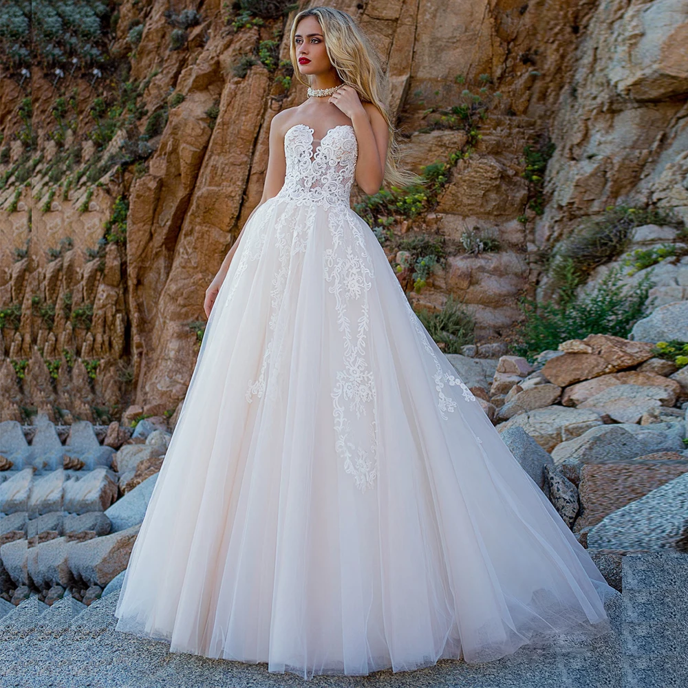 

Sexy See-through Lace Wedding Dresses Ball Gown Sweetheart Sleeveless Tulle Vestido De Noiva Custom Wedding Gowns