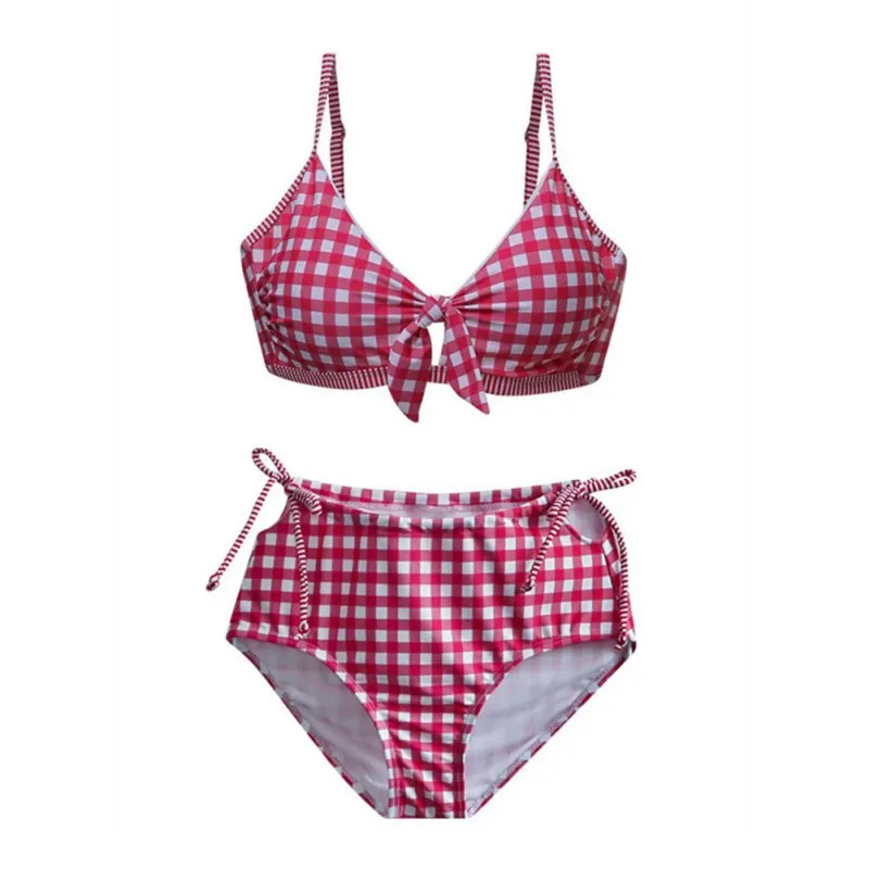 

Women Sexy Plaid Print Bow Simple High Waist Halter Cross Strap Bandage Split Bikini Swimsuit Thin Red Plaid