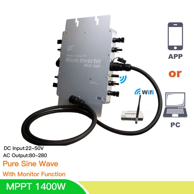 US $194.95 1400W MPPT Micro Solar Inversor On Grid Tie Home Inverter Pure Sine Wave 24/36/48VDC 110/220V 50/60
