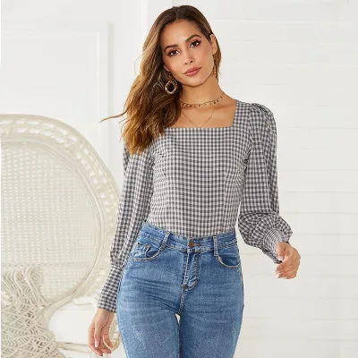 Vintage Square Collar White Floral Womens Tops and Blouses Plaid square collar puff Sleeve Shirts Female Top Streetwear - Цвет: grey Plaid