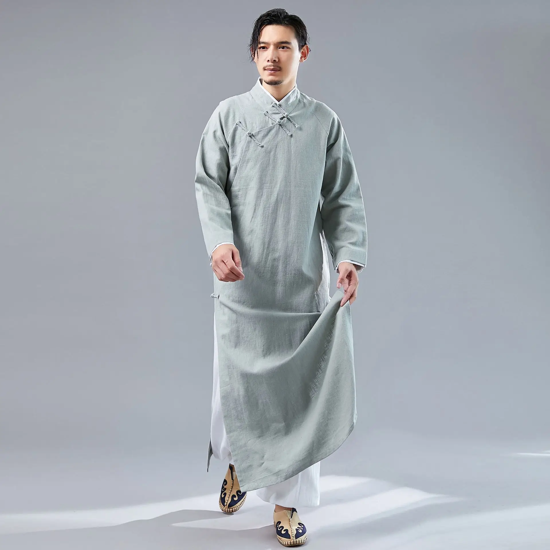 Китайская традиционная Мужская рубашка из хлопка и льна Hanfu длинное платье Qipao Мужской винтажный костюм Тан Восточный Костюм