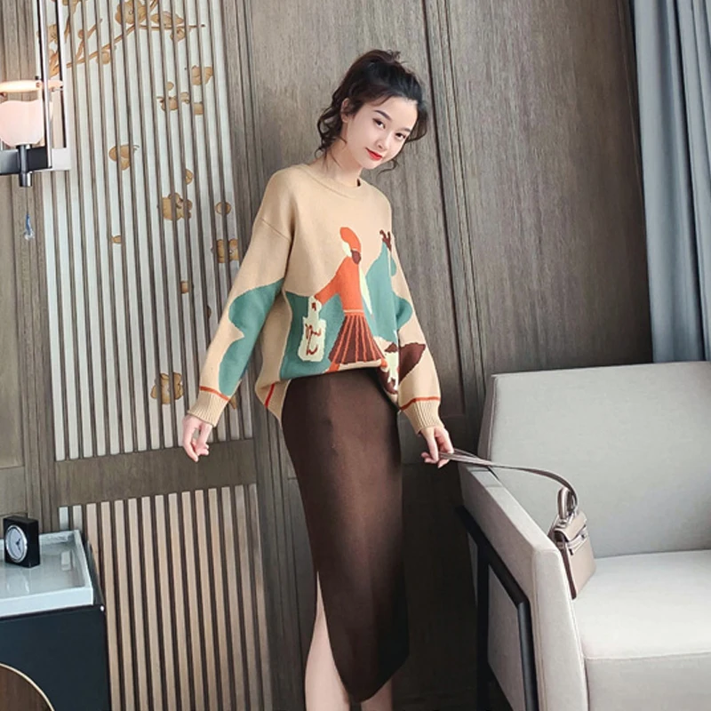H Han queen вязаный комплект из 2 предметов для женщин осенний Модный пуловер с героями мультфильмов свитер и однотонное узкое облегающее платье юбка