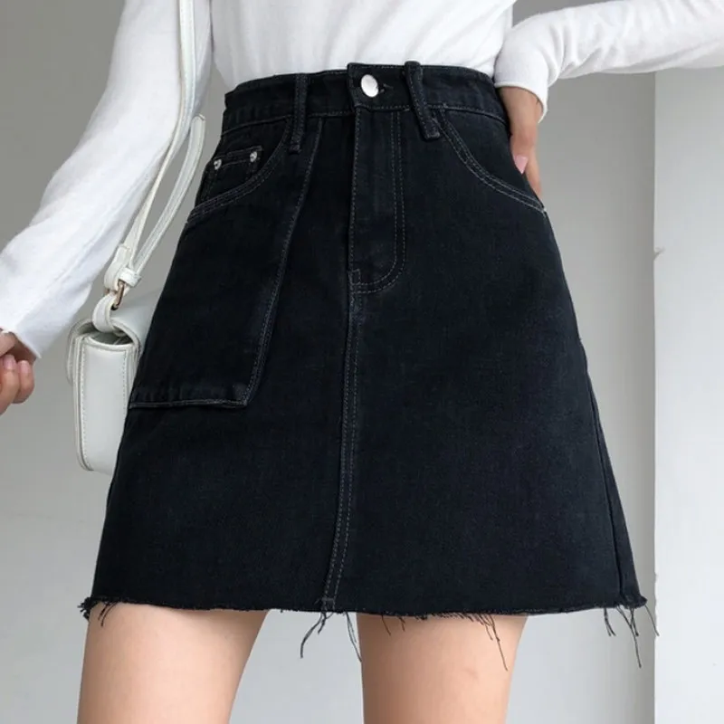 Black Skirt Летняя женская юбка с высокой талией юбки женские s трапециевидная мини-юбка модная Корейская Повседневная джинсовая юбка минимализм дикая черная юбка - Цвет: Black Skirt