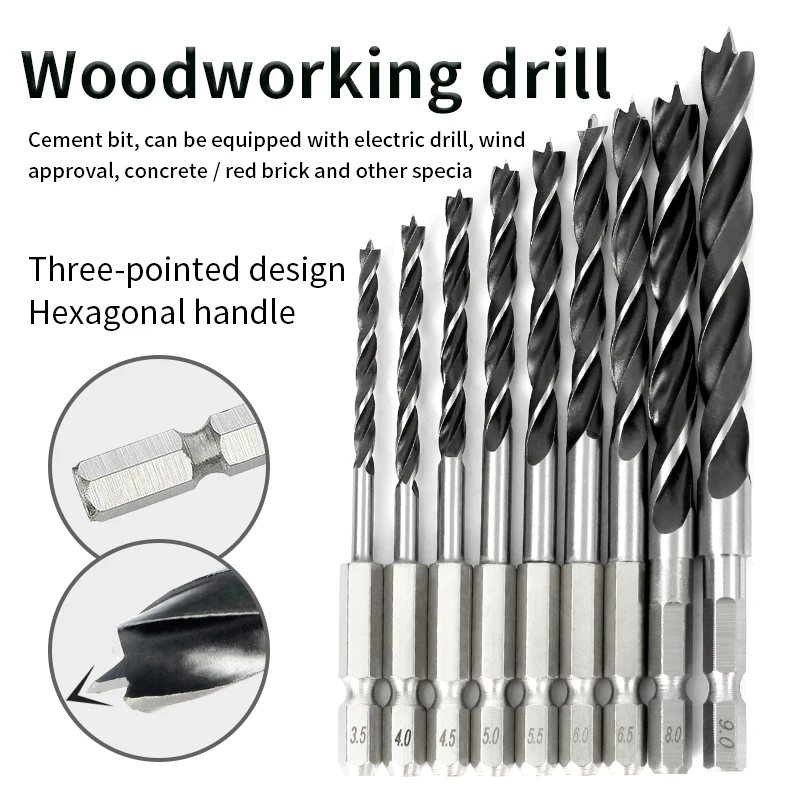 Hexagonal shank three-point woodworking drill bit perforating support drill electric drill rotary head wood plank hole special