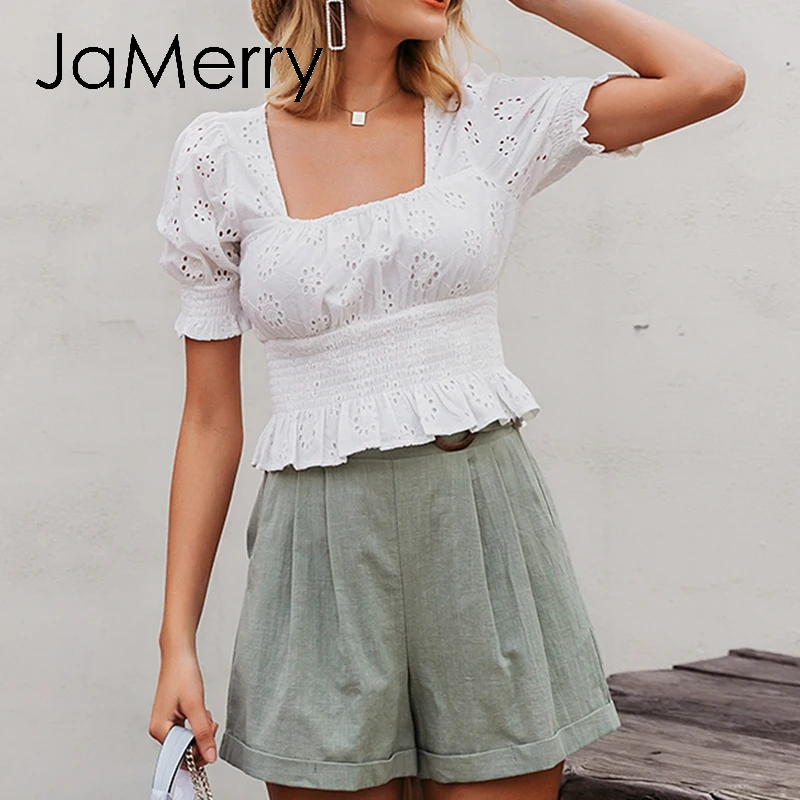 Женская винтажная блузка с вышивкой JaMerry белая короткая рубашка квадратным