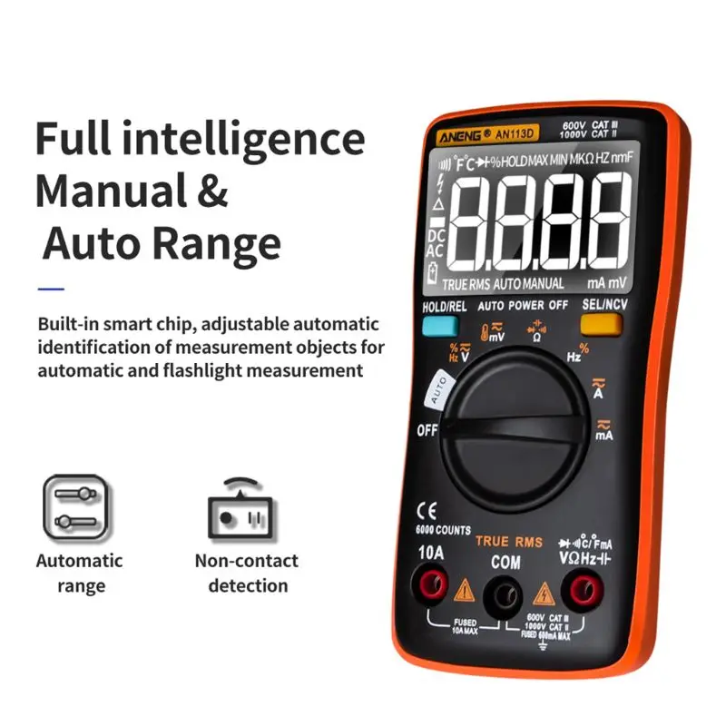 

OOTDTY Digital Multimeter 6000 Counts Auto Ranging True RMS NCV AC/DC Diode Temperature 63HF