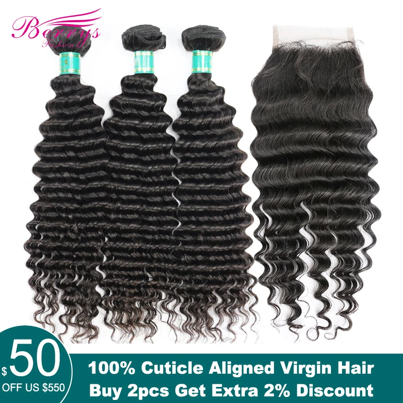 

Brazilian Virgin Hair Deep Weave Human Hair 3 PCS Bundles with Lace Closure 4x4 Unprocessed Human Hair Weft Berrys Fashion