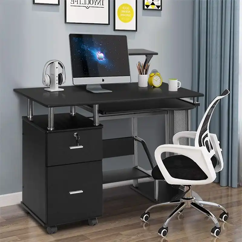 Black Computer Desk With Printer Shelf Engineered Wood