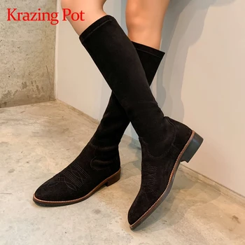 

Krazing pot western boots cow leather pointed toe low heel European style simple solid young lady leisure knee-high boots L03
