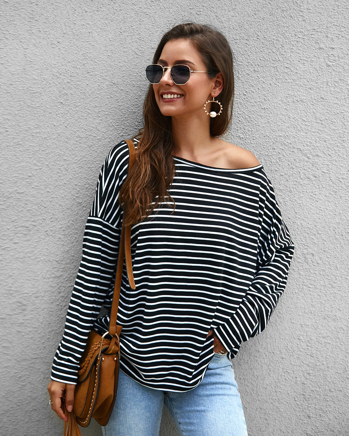 GUMNHU Womens Tops and Blouses Off Shoulder Top Boho Knitted O-Neck Streetwear Striped Femininas Elegante Long Sleeve Blusas