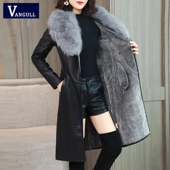 

Vangull Women's Leather Jacket for Winter 2019 New Plus Velvet Warm Slim Big Fur Collar Long Leather Coat Female Outerwear M-4XL