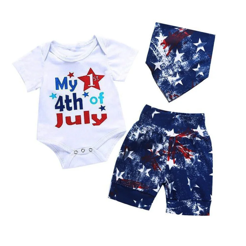 Baby Clothing Set 4th Of July Short Sleeve Romper Tops Shorts With Scarf Independence Day Outfits Clothes Set - Цвет: Синий