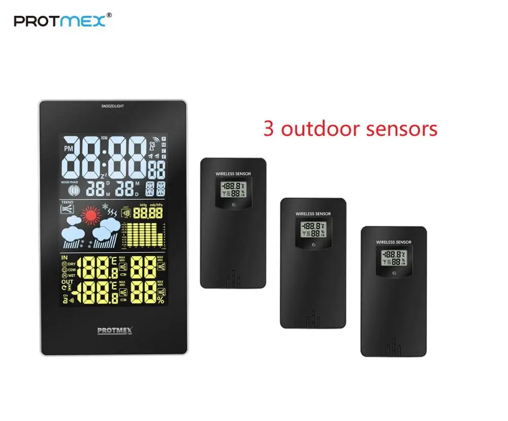 

PROTMEX Wireless RCC Weather Station Temperature Humidity Sensor Colorful LCD Display Forecast Clock add sensor