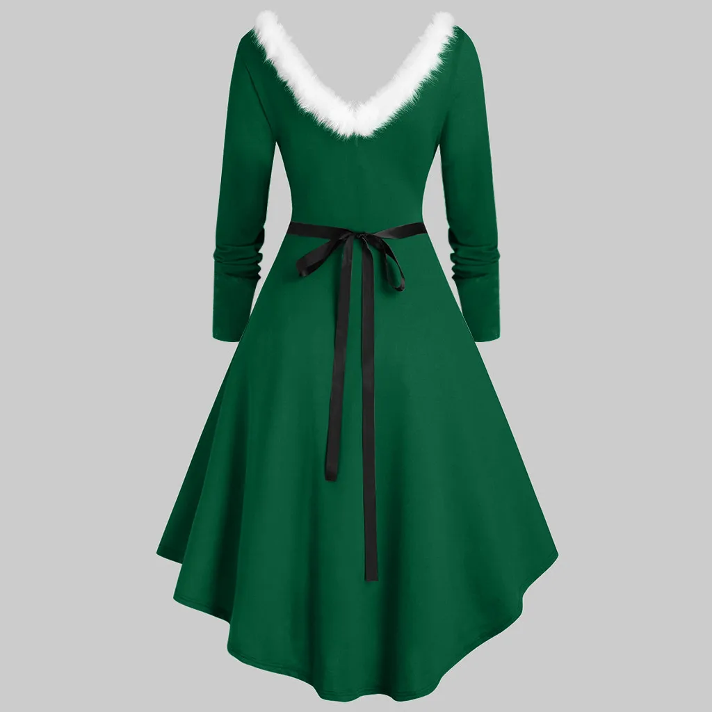Размера плюс женское рождественское платье Robe De Noel пэчворк искусственный мех панель с длинным рукавом асимметричное платье Повседневные Вечерние Vestido Inverno