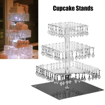 

Newest 4 Layers Cupcake Stand With Crystal Pendant Square Cake Dessert Holder For Wedding Holiday Party Festival
