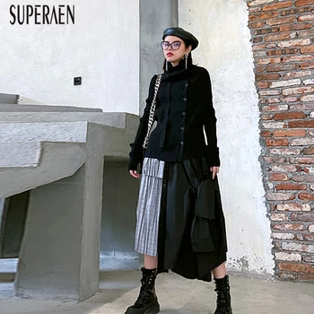 

SuperAen Pluz Size Women Skirts Cotton Casual Fashion Wild High Waist Irregular Ladies Skirts Lattice Stitching Spring New 2020