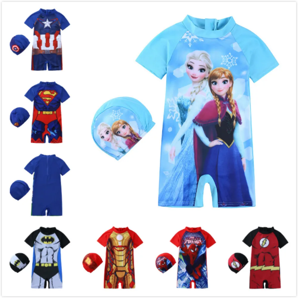 

Kids Girls One Piece Baby Swimwear Spider Man Marvel Super Hero Frozen Anna Elsa Swimming Boy Beachwear Baby Bathing Cap Suits