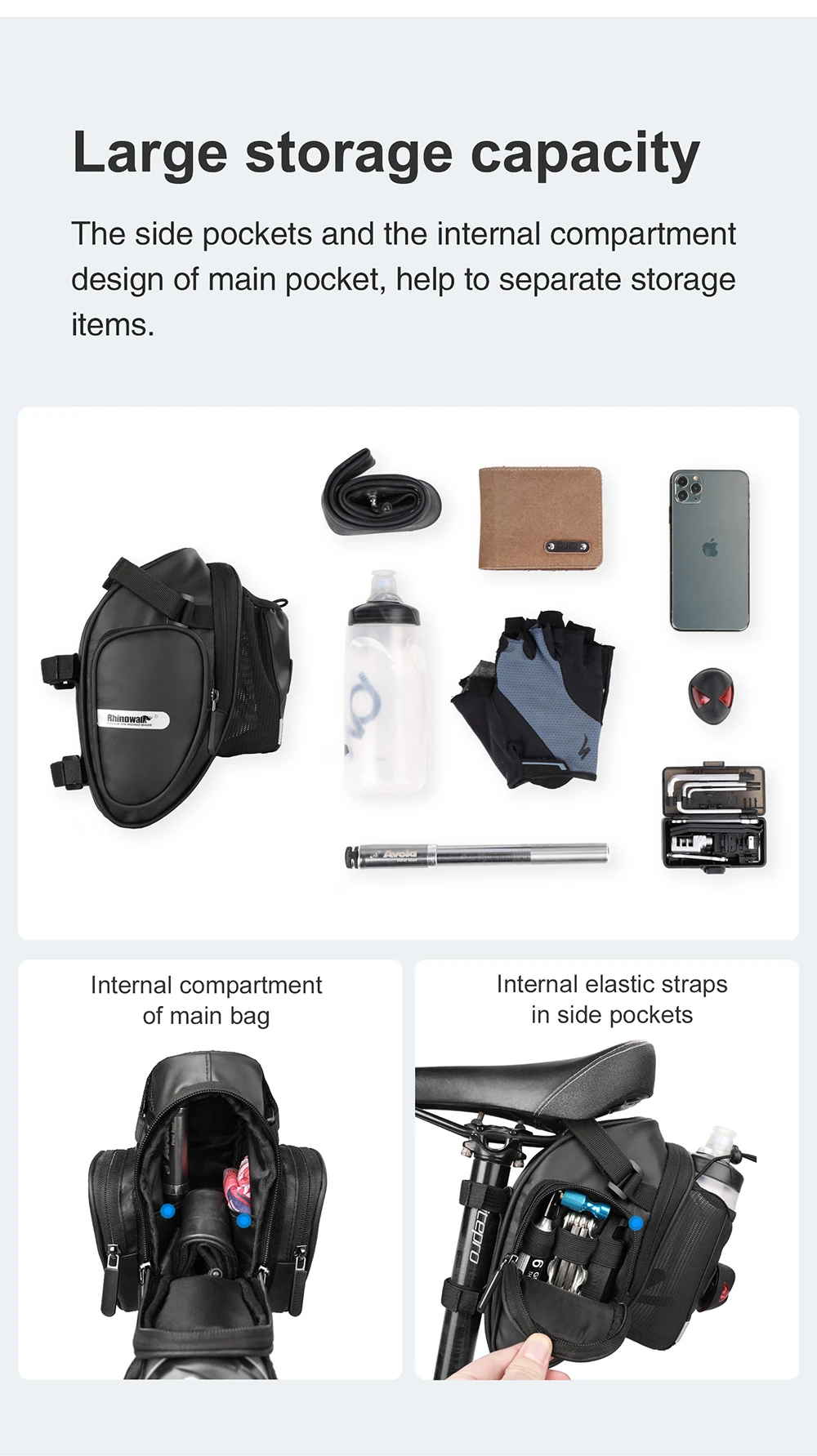 Rhinowalk Bicycle Bag Waterproof Bike Saddle Bag Large Capacity for MTB Bike Rear Seatpost Water Bottle Repair Tools Holder Bag (6)