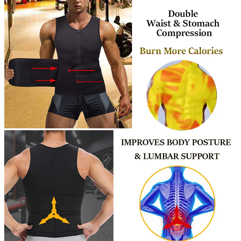 Men Corset Slimming Neoprene Sauna Suit Zipper Waist Trainer Vest Tank Top Trimmer Body Shaper with Two Belt Sweat Shapewear