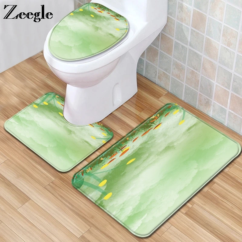 Zeegle Bathroom Mat Set Shower Rug Absorption Toilet Pedestal Rug Flannel Soft Toilet Cover Seat Mat Washable 3pcs Bath Mat Set