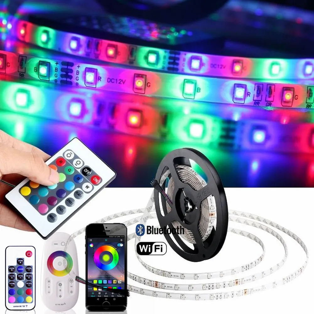 #cheap DC 12V RGB LED Strip Waterproof 220V Tira Led Wifi 12V Ribbon RGB Tape 5050 Neon Flex Strip Light Bluetooth Remote Power Adapter