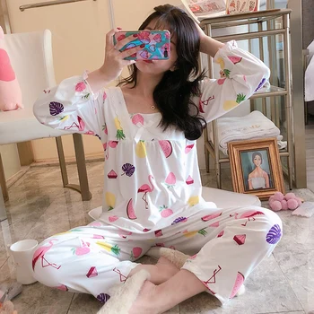 

WAVMIT New 2020 Spring Women Comfortable Cute Pajama Set Girl Print Pyjama Set Long Sleeve Sleepwear Suit Women Nightshirt Sets