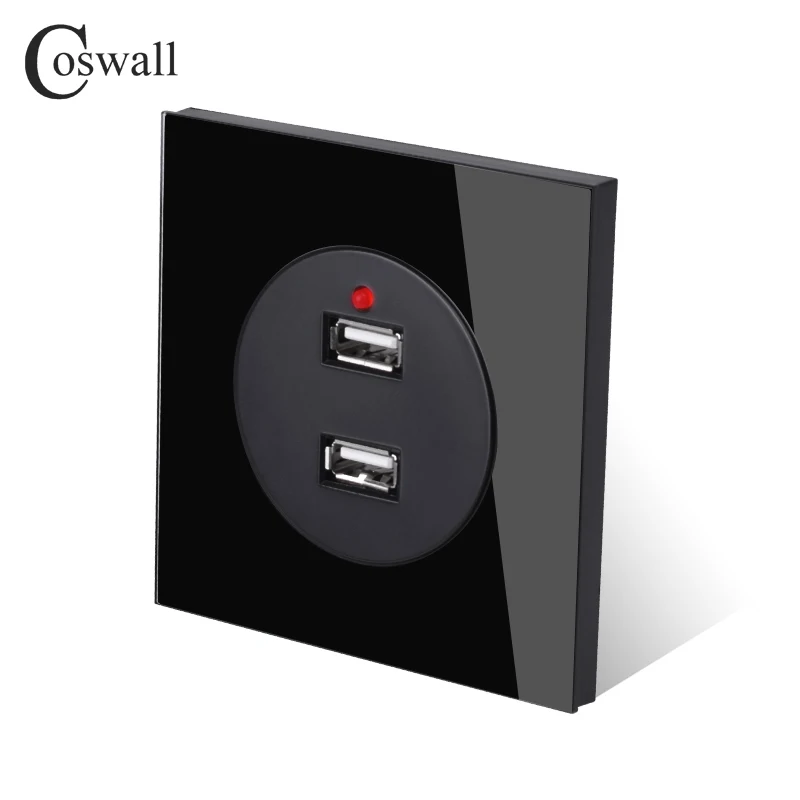 Coswall кристалл стеклянная панель настенная розетка двойной usb порт зарядки 2.4A выход Светодиодный индикатор серии R11 черный белый