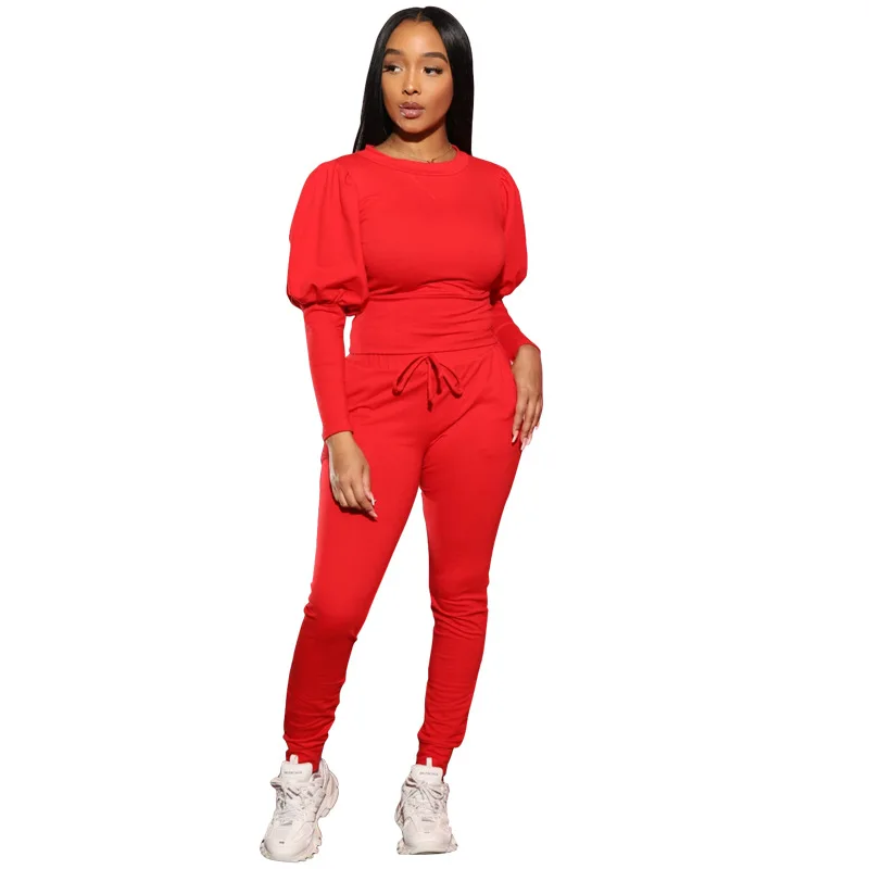 Women's two-piece suit 2020 spring and autumn bubble sleeve shirt trousers solid color temperament fashion street style | Женская