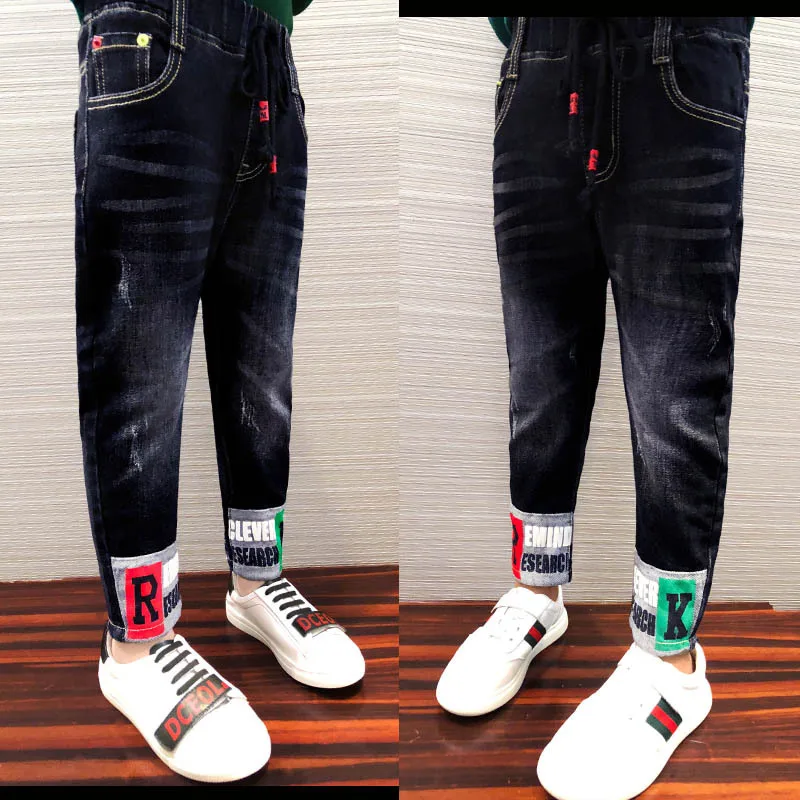 

2019 BOY'S Denim Trousers Black And White with Pattern Trousers Spring And Autumn Children Casual Pants Big Boy Korean-style Ski