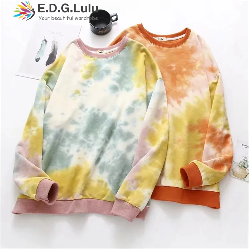 EDGLuLu женские осенние Топы пуловер с принтом tie dye осенне-зимний женский мешковатый свитер с круглым вырезом и длинным рукавом милый пуловер