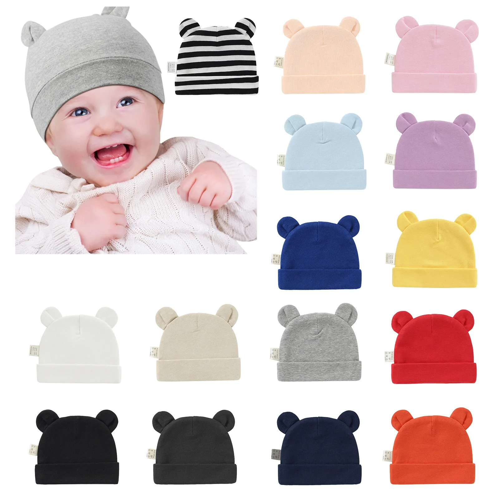 New Born Cap In Blended Stuff With Smiling Bear Shape Orange Color