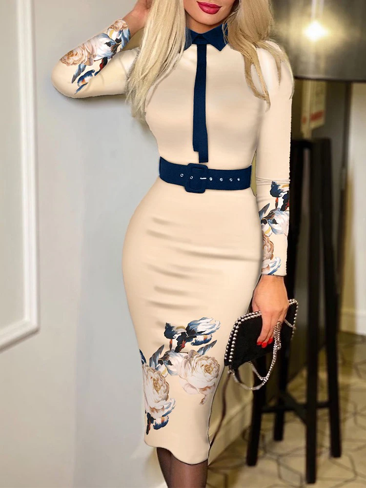 Shein Romwe Y2K stampa manica lunga cravatta dettaglio lavoro elegante con  cintura aderente Midi abiti da donna Casual femminile l'abito|Dresses| -  AliExpress