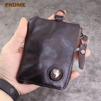 

PNDME retro designer genuine leather men women's small wallets fashion casual natural real cowhide key case card case coin purse