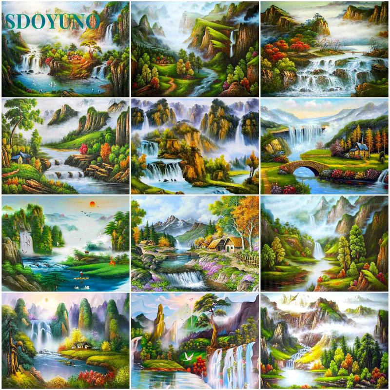 

SDOYUNO Diy Paint By Numbers Waterfall Stream Oil Painting On Canvas Wall Pictures Kit For Living Room Modern Handmade Gift