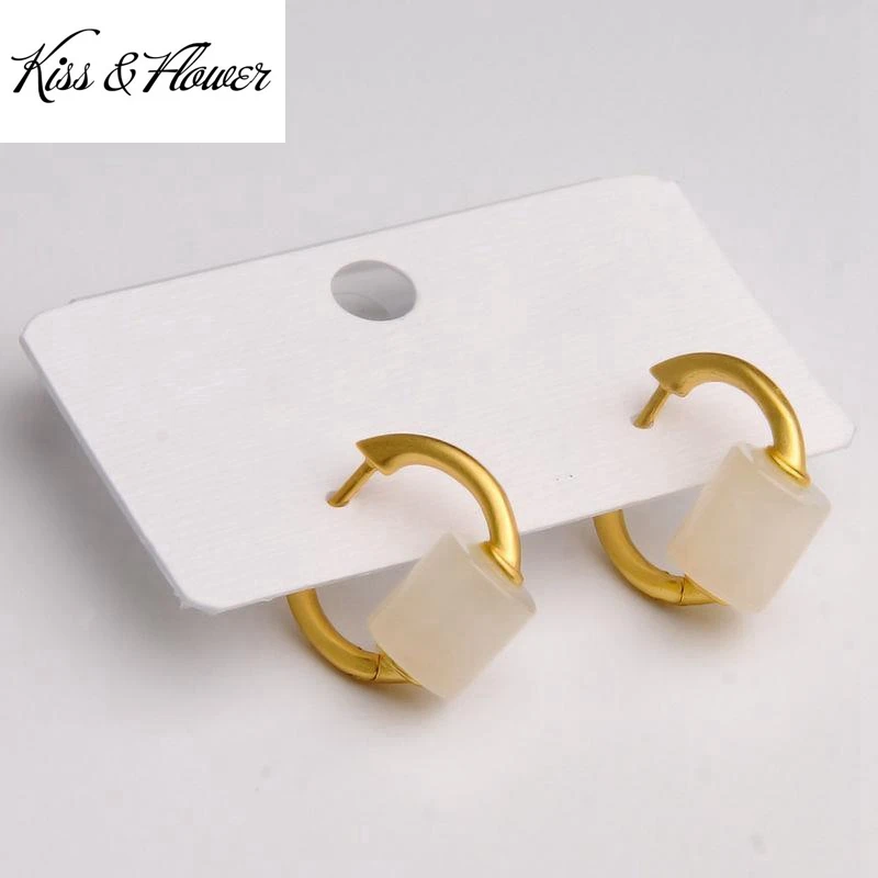 

KISS&FLOWER ER324 Fine Jewelry Wholesale Fashion Woman Girl Mother Birthday Wedding Gift Cylinder Jade 24KT Gold Hoop Earrings