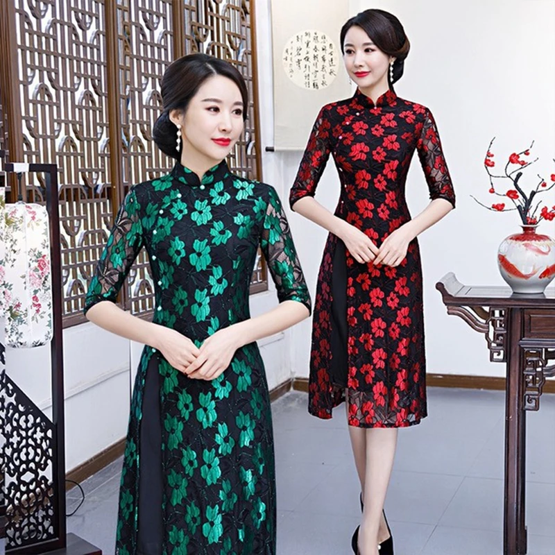 Китайское традиционное ежедневное улучшение ретро темперамент женское Aoqi cheongsam новое место элегантное тонкое повседневное кружевное платье cheongsam