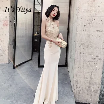 

It's Yiiya Evening Dress Elegant Halter Sleeveless Evening Dresses Plus Size Crysal Formal Gowns Gold Lace robe de soiree LF094