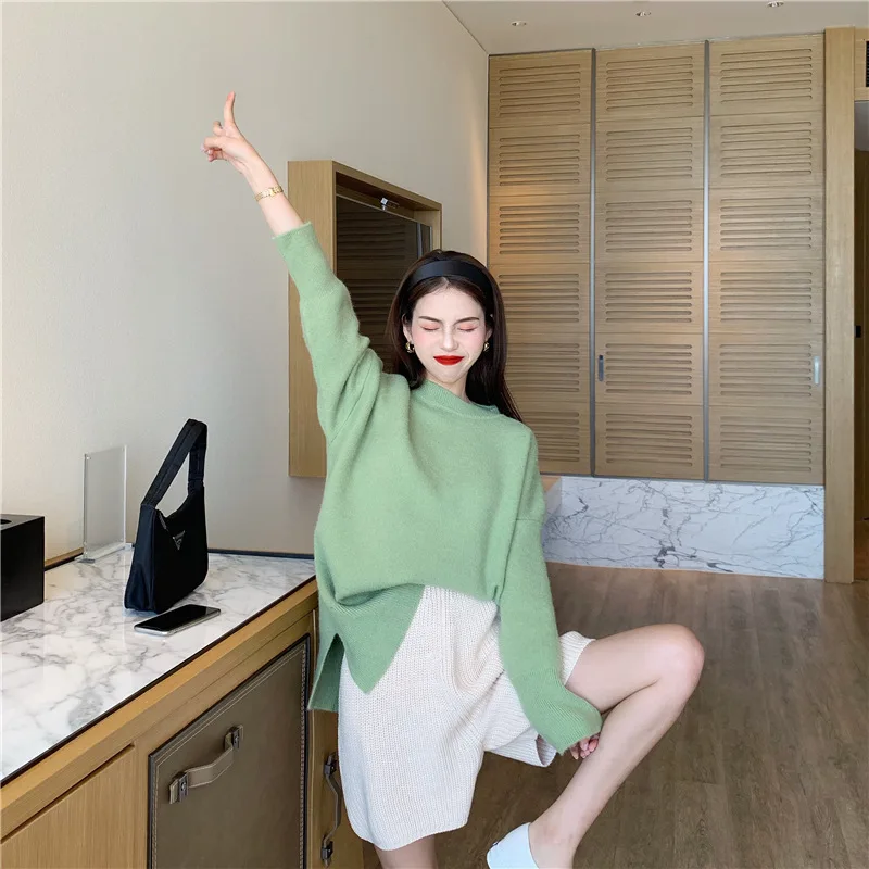 

Sweater And Shorts Set Of Two Green Purple Cream-colored Casual 2020 New Charm Simple And Loose Split Knit Women